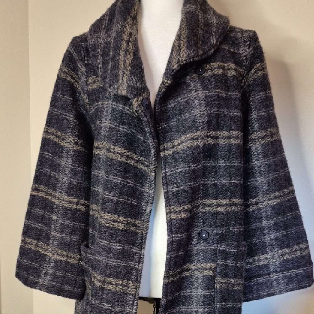 Paul Costelloe Dark Grey Plaid Wool Pea Coat